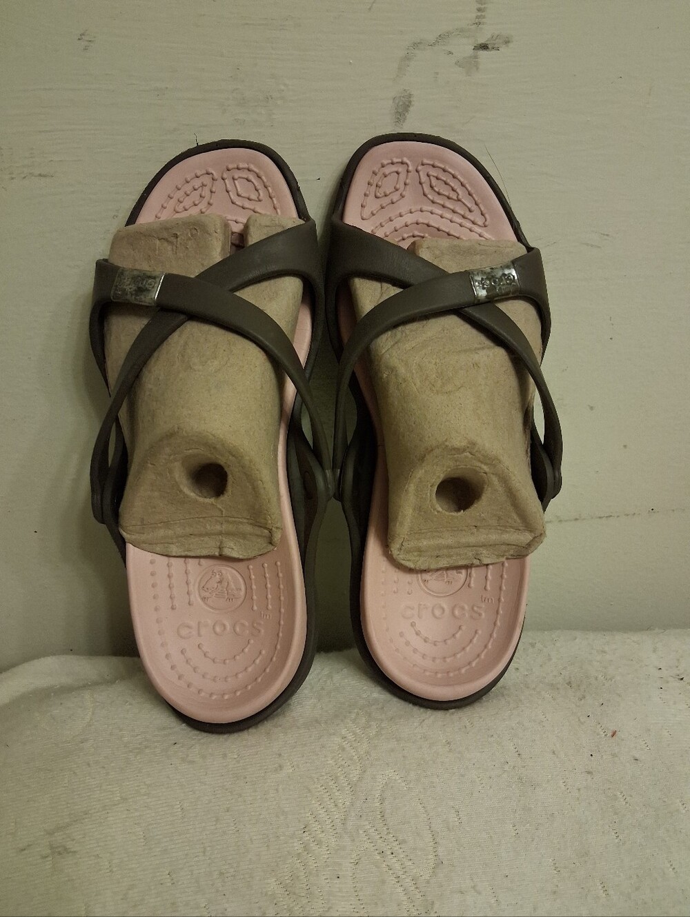 Crocs Women's Pink Footbed Sandals with Olive Straps Size 7